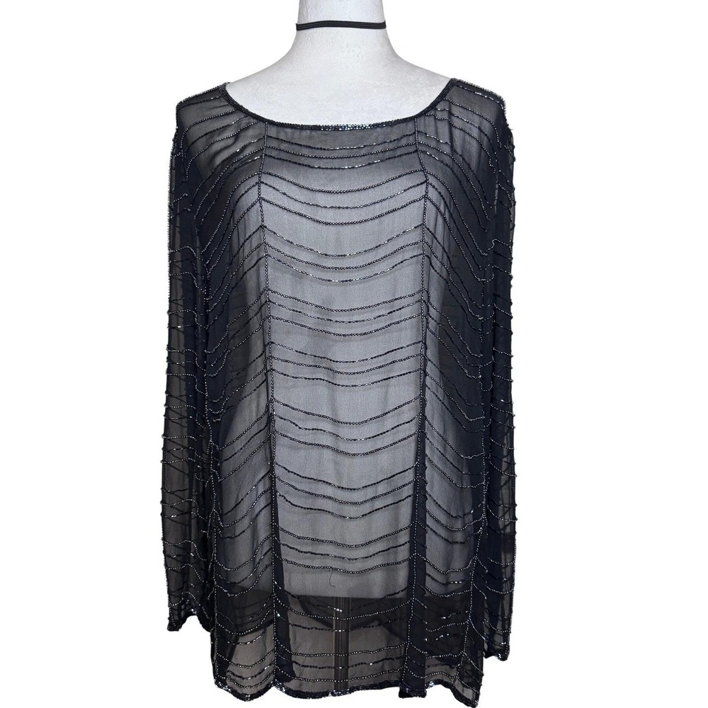 Vintage Black Silk Chiffon Beaded Top Sheer Gatsby Art Deco Party Evening M - Picture 6 of 12